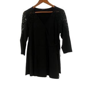 Torrid black faux wrap blouse with‎ lace detail